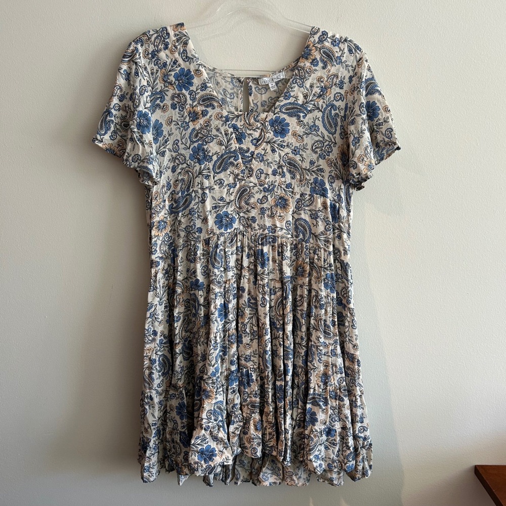 Patrons of Peace Mini Dress Blue M Paisley Floral Tiered Babydoll